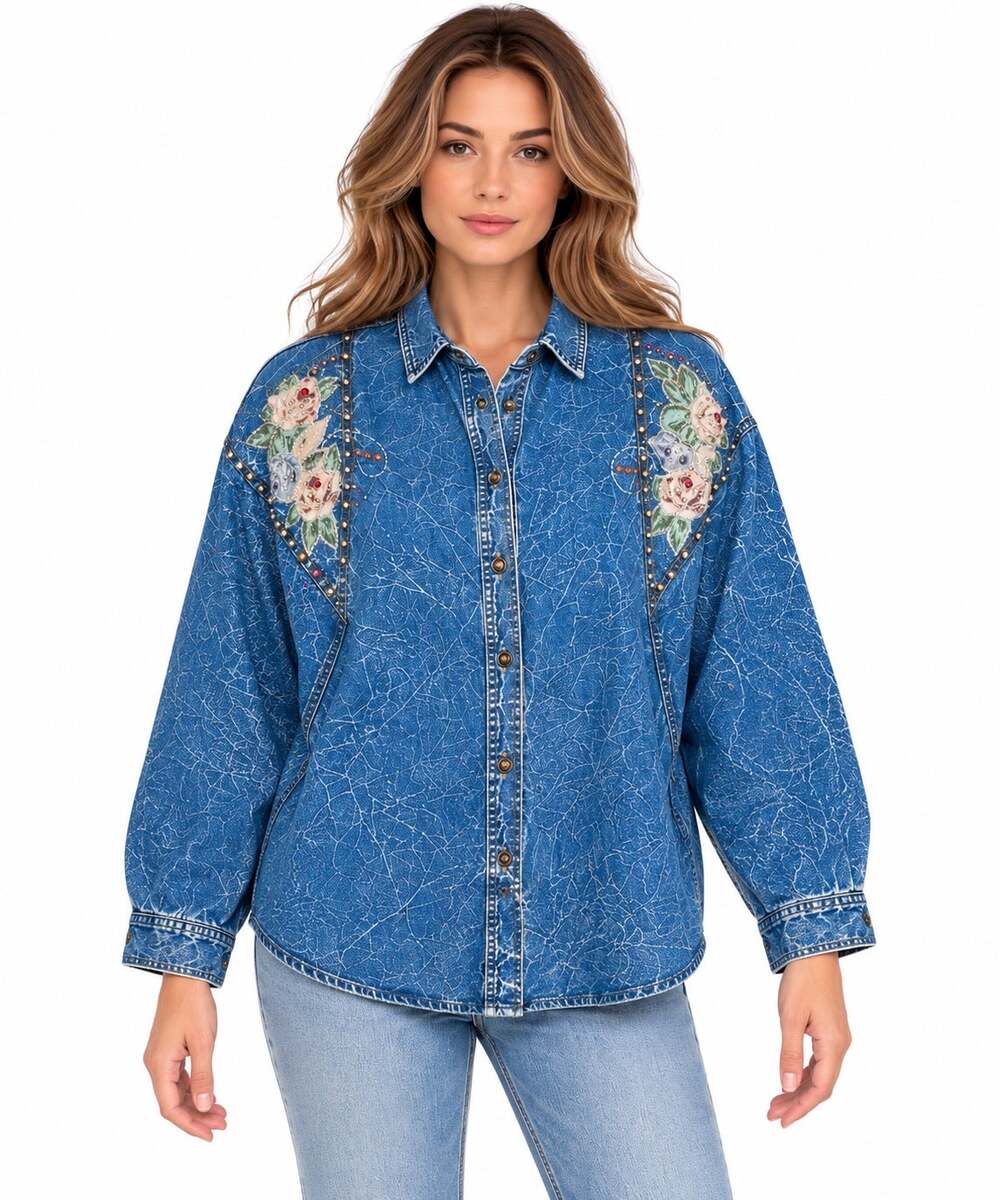 Vintage 1990s PRET Floral Rhinestone Acid Wash Denim Shirt Blue Oversized XL